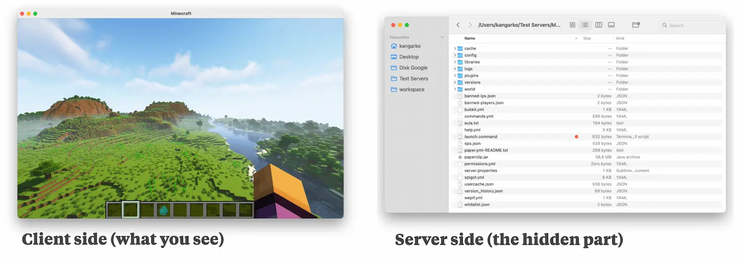 Minecraft client is on the left, whereas server files are on the right.