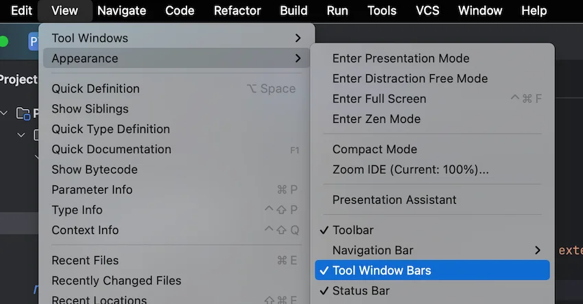 Hiding Status Bar and Tool Window Bars from View > Appearance setting.