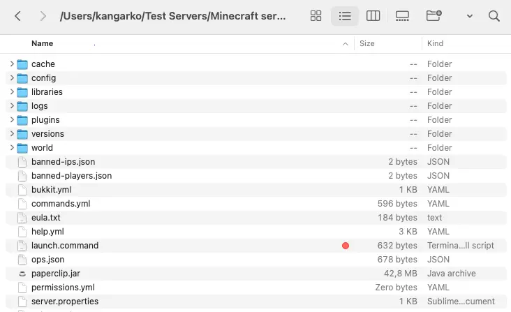 Minecraft server folder structure.
